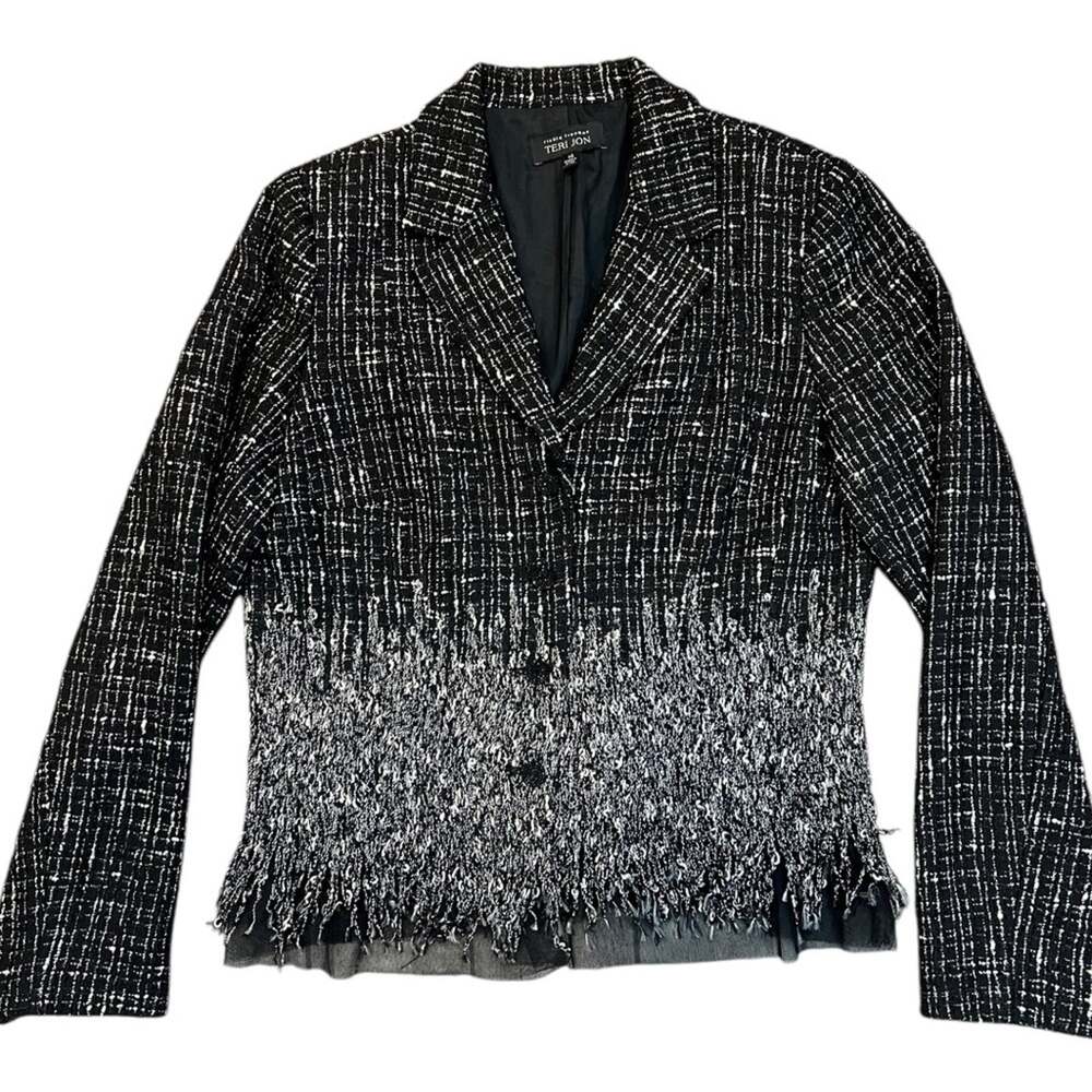 Rickie Freeman Teri Jon Tweed Black White Fringe wool blend Blazer Size 14
